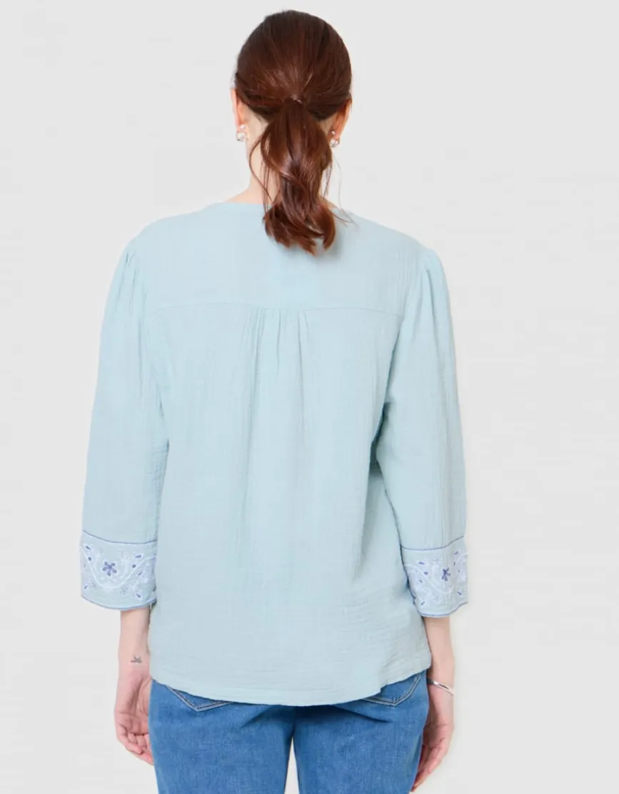 Blouse brodée coton vert