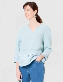 Blouse brodée coton vert