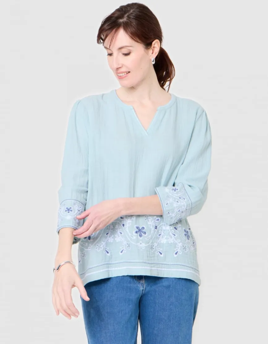 Blouse brodée coton vert