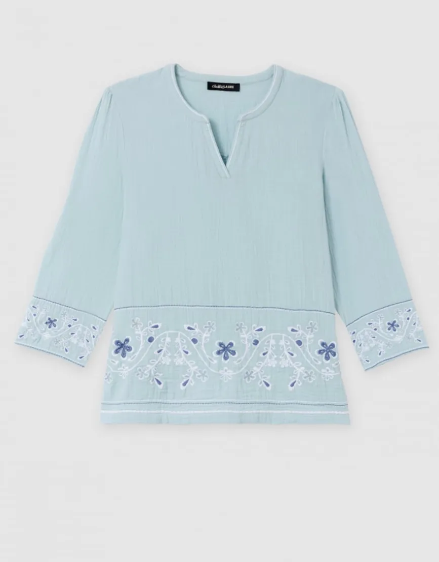 Blouse brodée coton vert