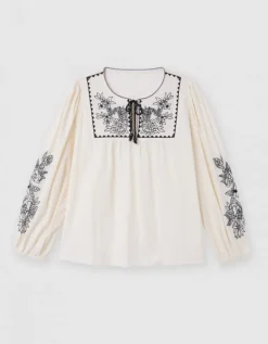 Blouse brodée écru noir