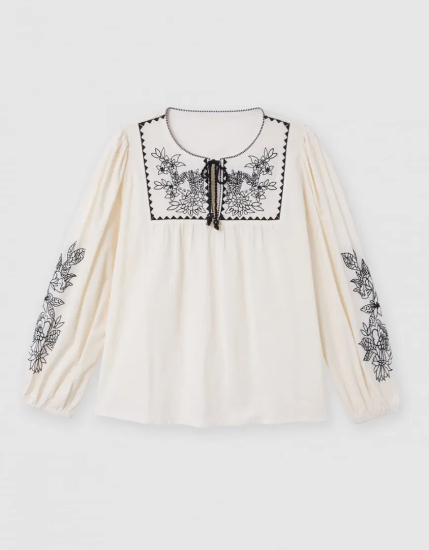 Blouse brodée écru noir