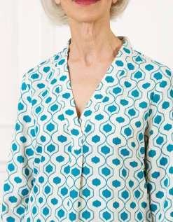 Blouse col V motif bleu