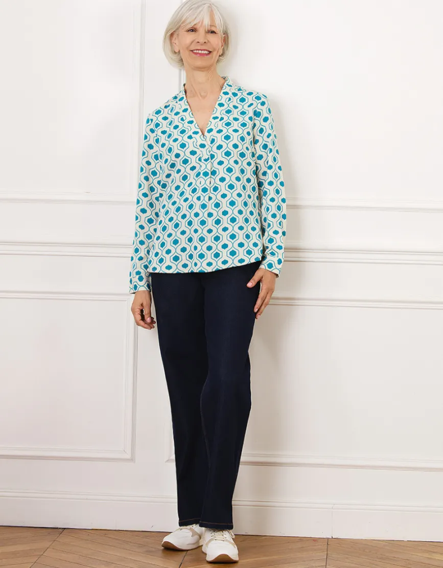 Blouse col V motif bleu