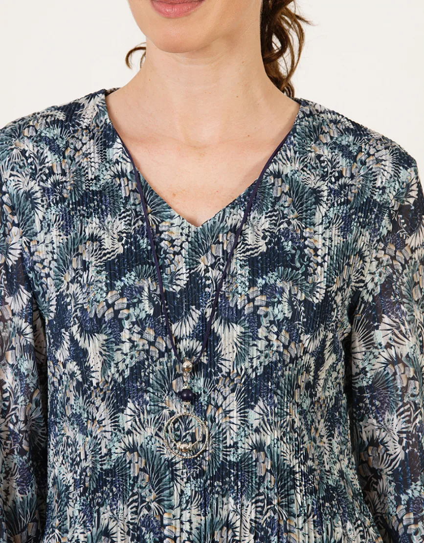 Blouse plissée motif bleu