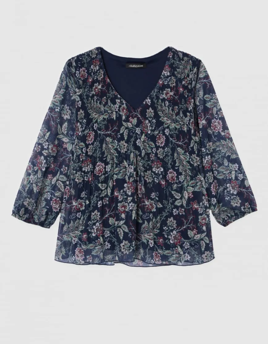 Blouse plissée motif bleu