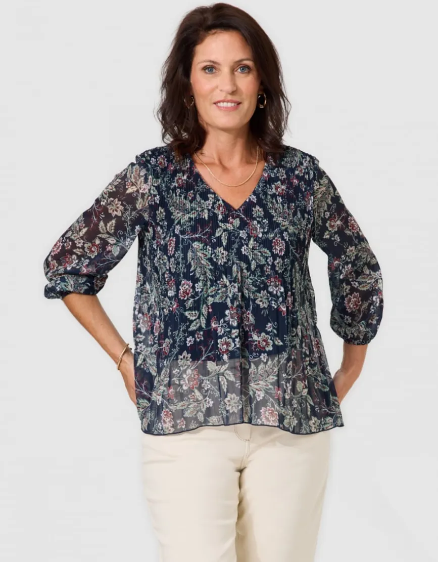 Blouse plissée motif bleu