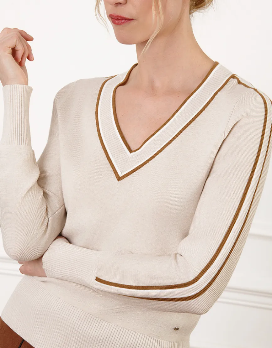 Pull beige col V rayures