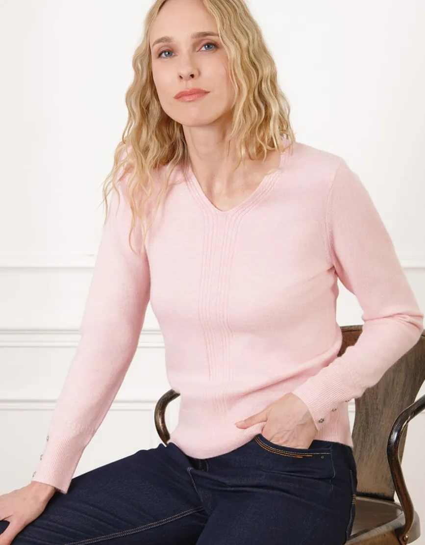 Pull col V laine rose