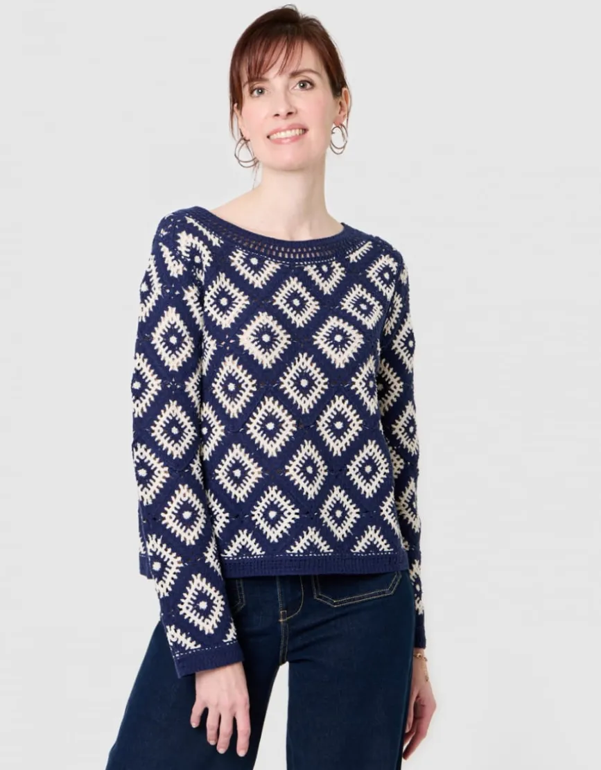 Pull crochet coton bleu