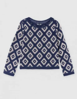 Pull crochet coton bleu
