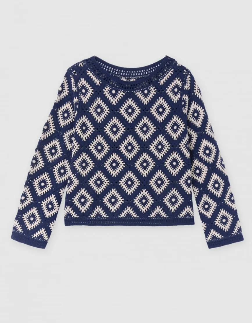 Pull crochet coton bleu