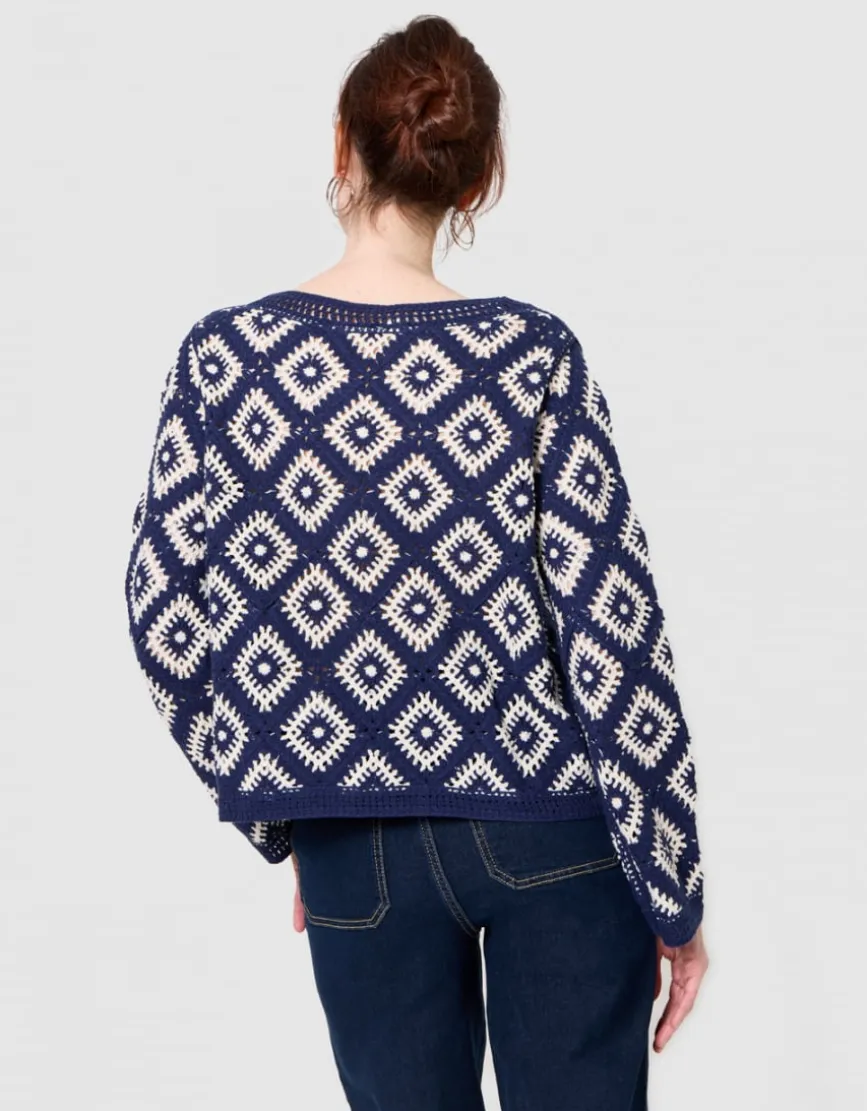 Pull crochet coton bleu