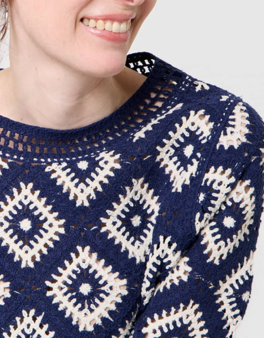 Pull crochet coton bleu
