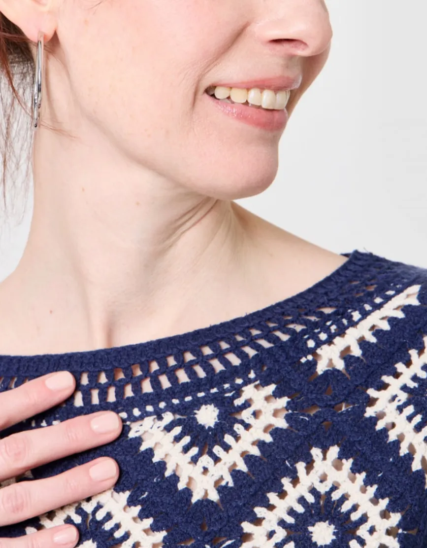 Pull crochet coton bleu