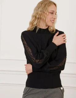 Pull maille dentelle noir
