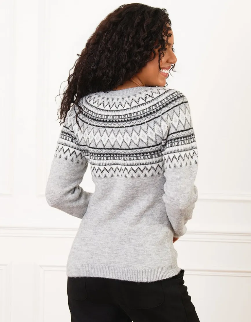 Pull motif jacquard gris