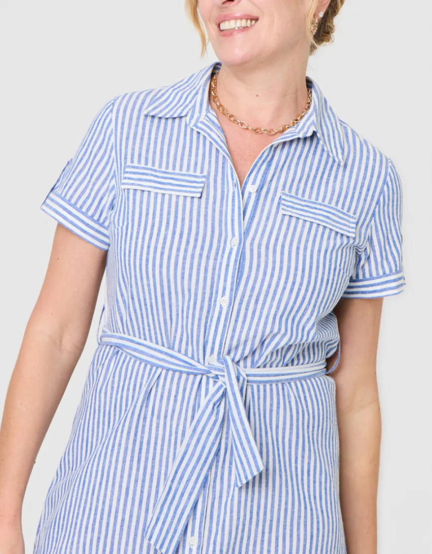 Robe rayée lin bleu